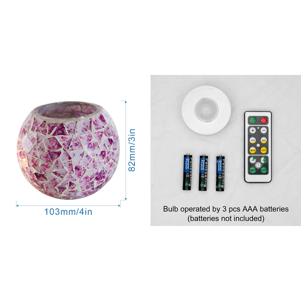 Cordless Mini Night Light with Mosaic Glass Shade, dimmable LED. Pink and cream tones, battery operated with remote.