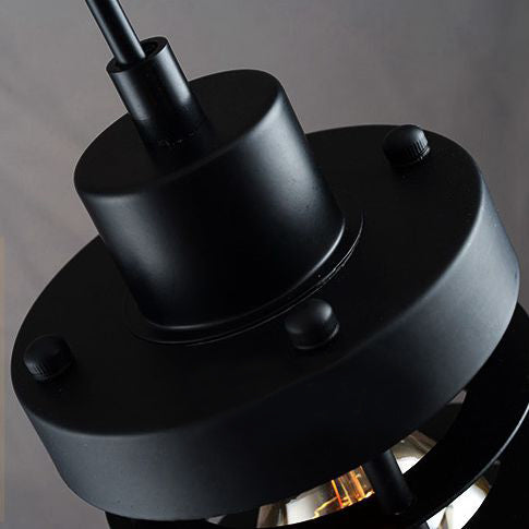 Black iron cage track light pendant detail. Vintage industrial lighting fixture, E26 socket, black finish.
