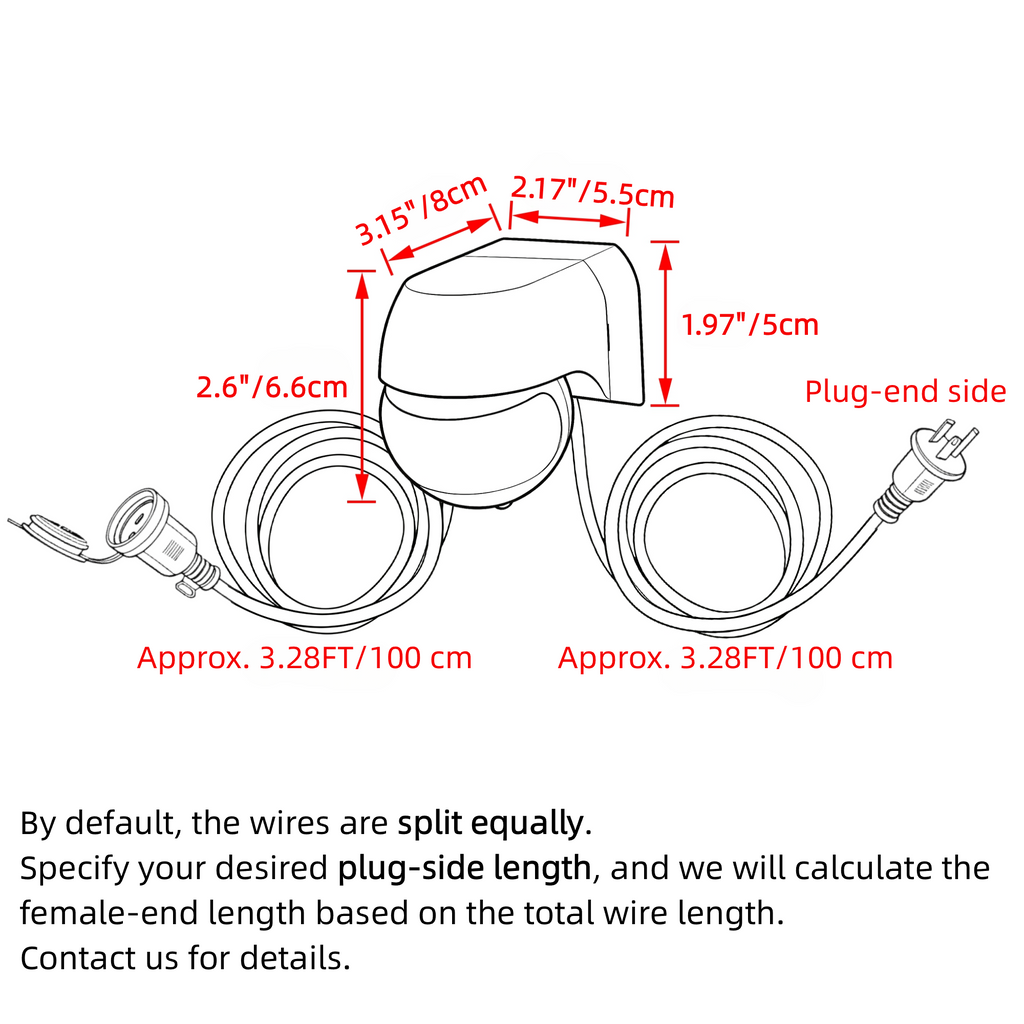 Product dimension diagram and wire length specifications for plug-in motion sensor adapter