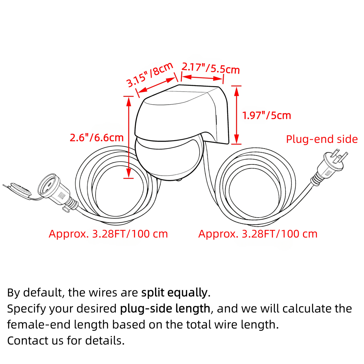 Product dimension diagram and wire length specifications for plug-in motion sensor adapter