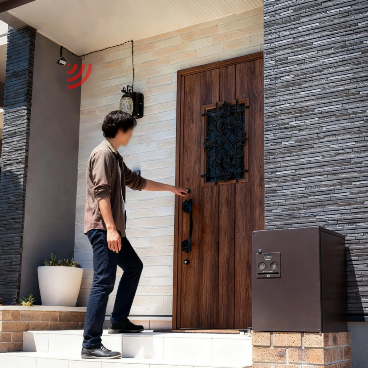 Man opening front door illuminated by outdoor plug-in motion sensor light adapter with zero wiring