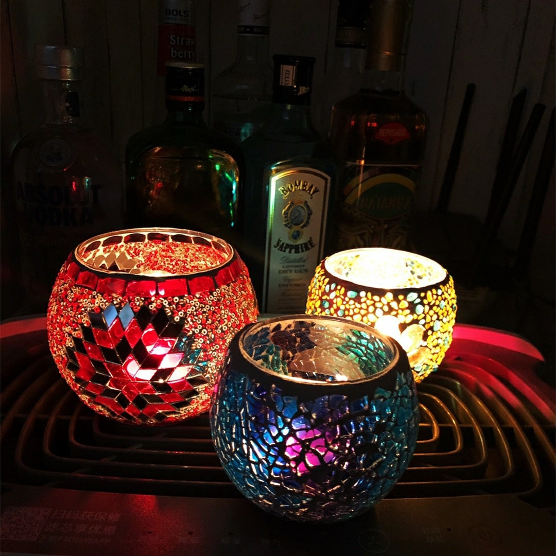 Mosaic glass shade mini night lights, perfect for decor and ambiance. Features dimmable LED and battery-operated options.