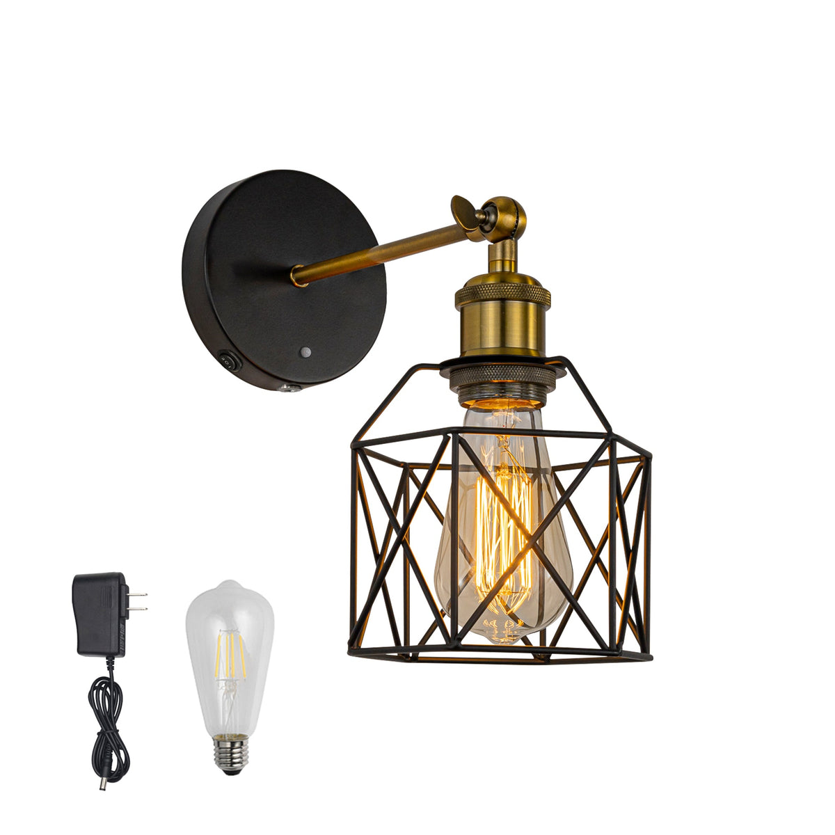 Industrial Rechargeable Motion Sensor Wall Sconce - Battery Powered Geometric Metal Cage Wall Light with Edison Bulb