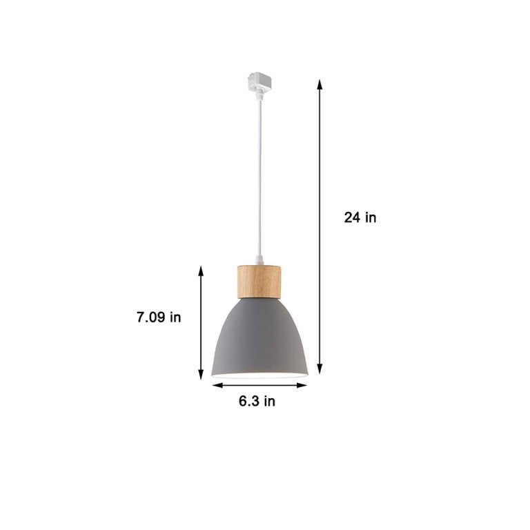 Grey Macaron Track Pendant Light with Wood Accent, Dimensions: 24 in Height, 7.09 in Width, 6.3 in Diameter.