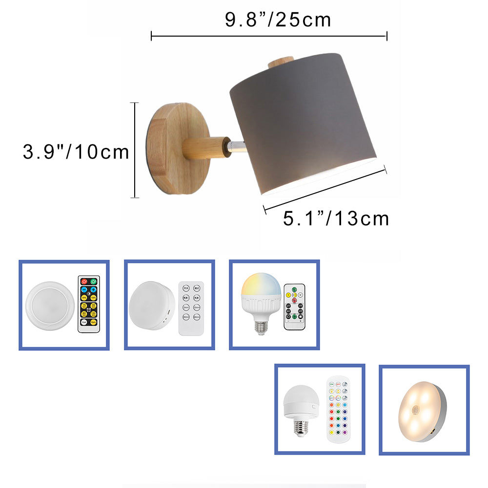 Gray cylinder shade adjustable wall sconce with wood base, battery-powered, wireless install.
