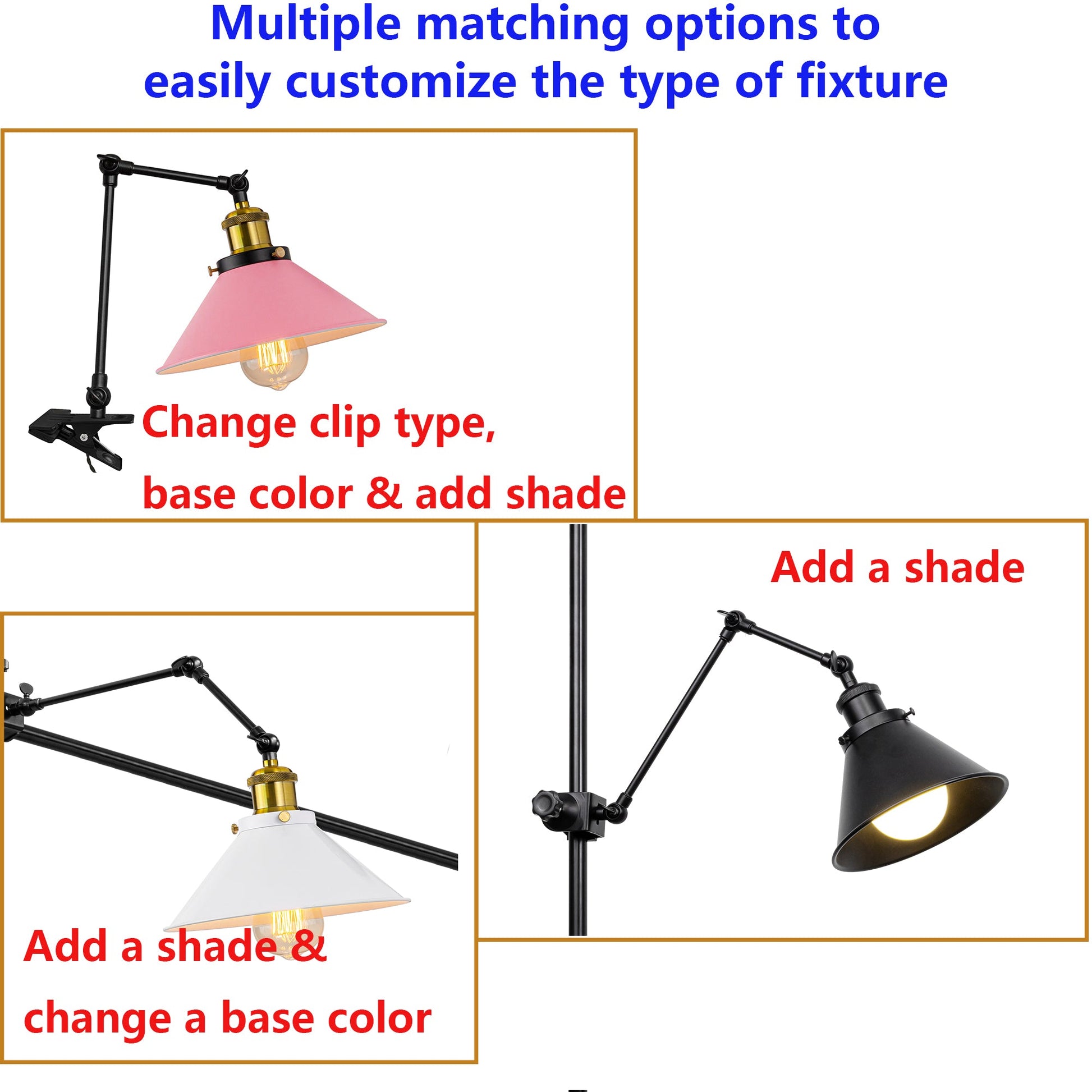 Kiven clip-on desk lamp customization: multiple matching options for clip, color & lampshade.