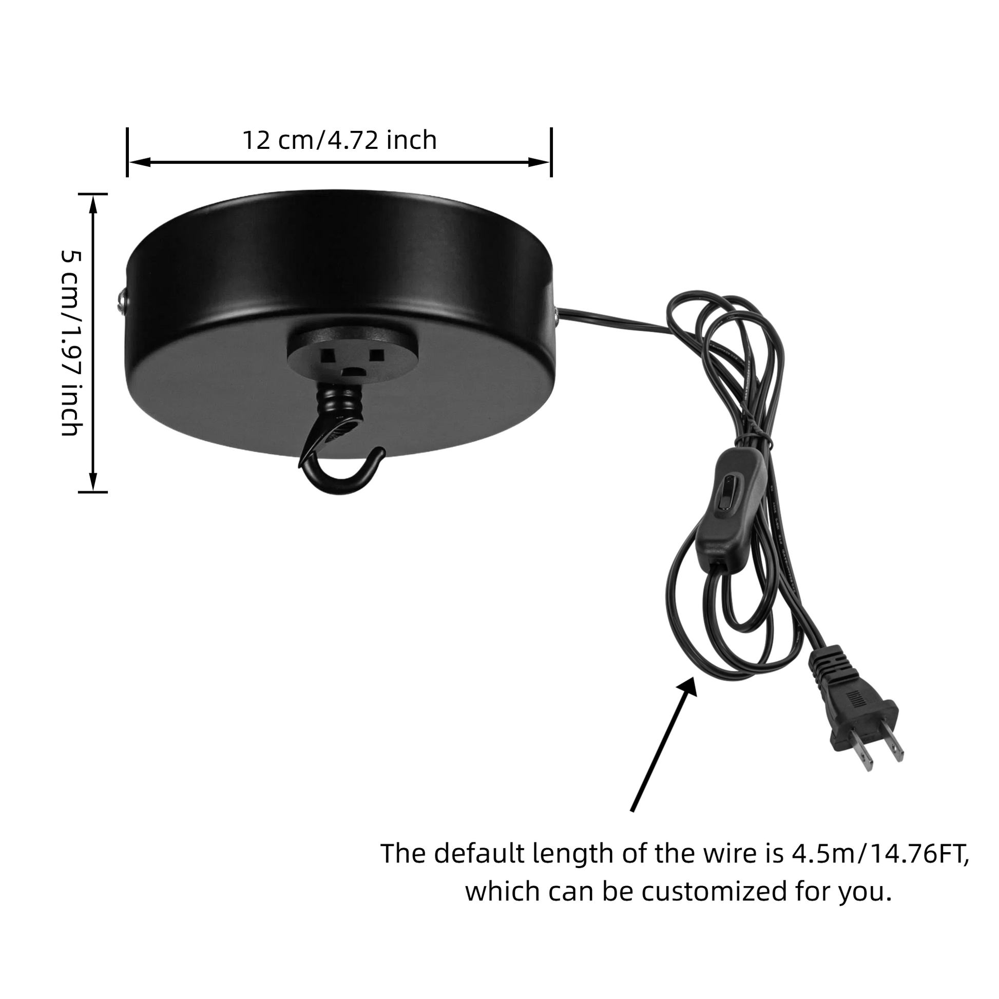 Kiven Black Ceiling Fixture with Socket, with Plug-in Cord with Switch, Electric Canopy Kit with 10lb Capacity Hook, for Fan, Camera and Christmas Lights DIY, Metal, Customizable