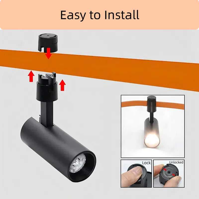 Kiven Black LED track light spotlight, modular design with Easy Install, showing lock and unlock DIY track lighting.