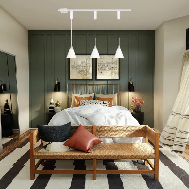 Kiven H-Type Track Lighting, 3-Light Modern Halo Track Pendant Light with White Iron Shade, Track Light Pedant Adjustable Length for Bedroom Kitchen Island Home Shop, E26 Socket