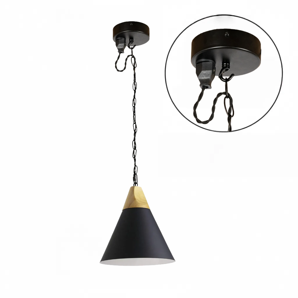 Kiven Black Pendant Plug in Light, Canopy with Socket, Hook and Adjustable Chain Cord, Modern Solid Wooden Ceiling Fixture,for Bedroom, Living Room, Kitchen Island