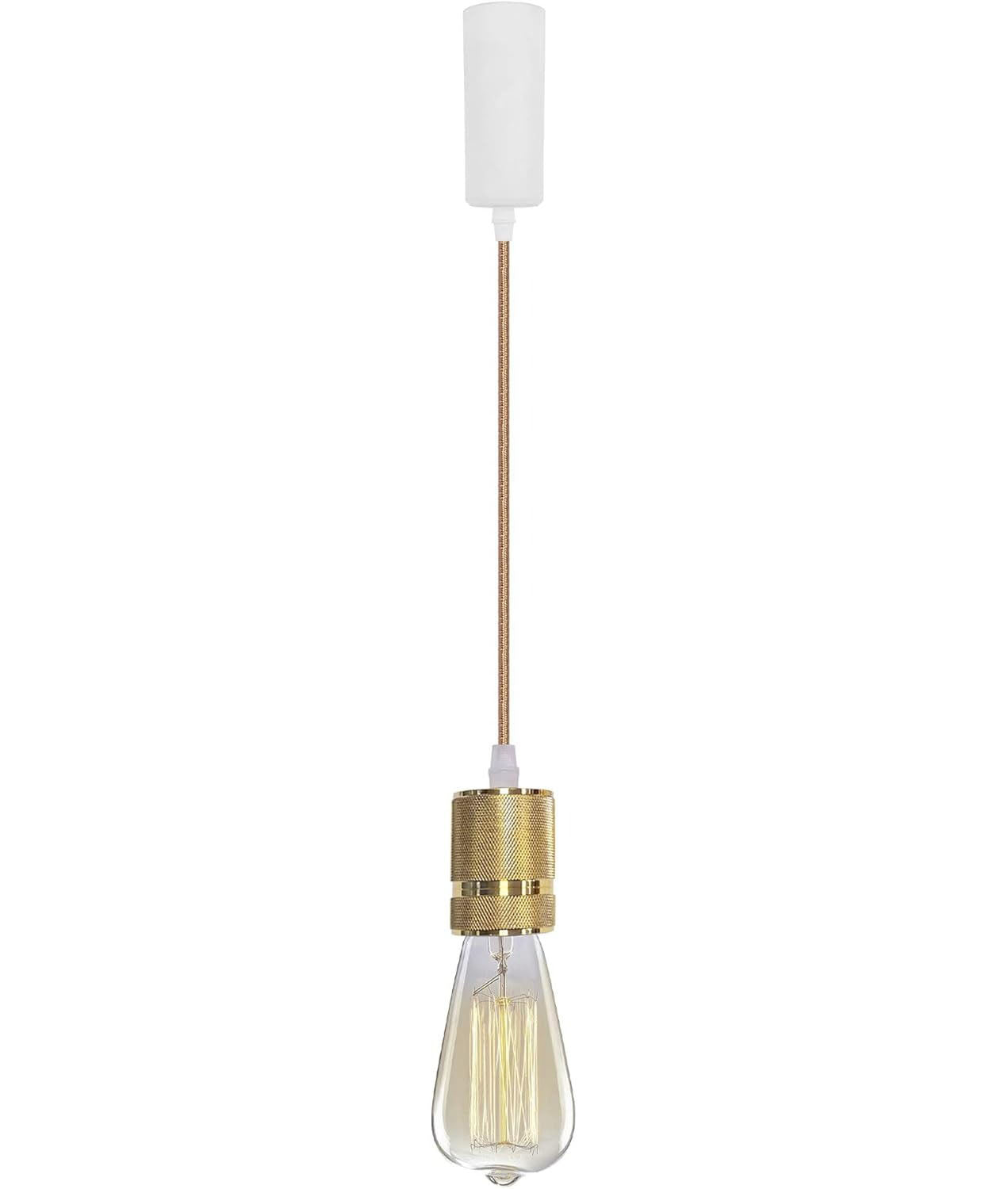 Gold industrial pendant light with Edison bulb, white canopy and fabric cord, perfect for kitchen or dining table lighting.