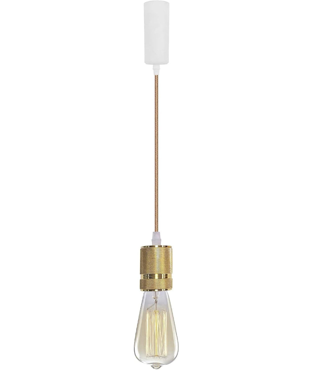Gold industrial pendant light with Edison bulb, white canopy and fabric cord, perfect for kitchen or dining table lighting.