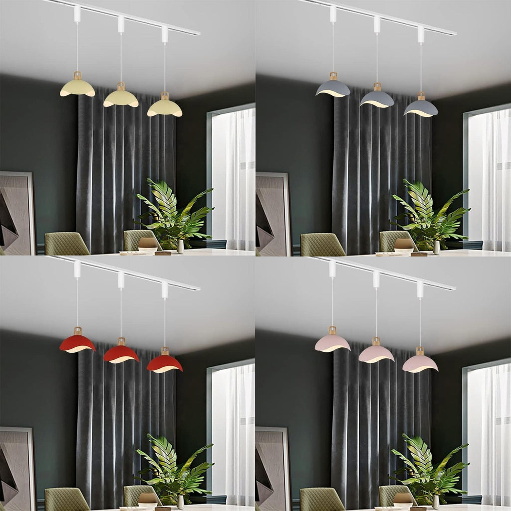 Multi-color iron shade track pendant light, adjustable length for home lighting, available in various colors.