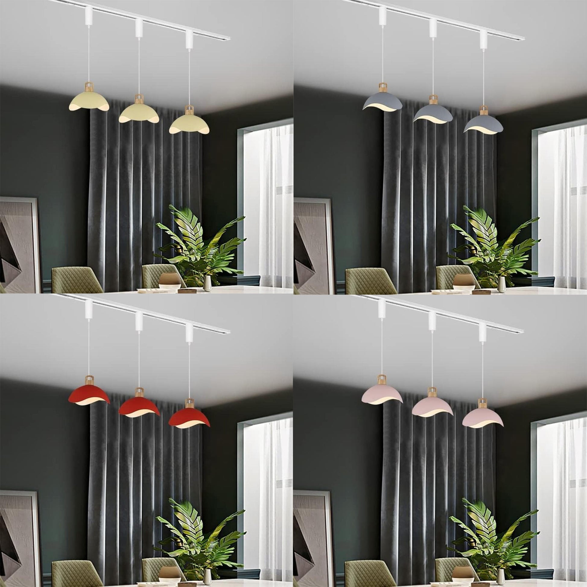 Multi-color iron shade track pendant light, adjustable length for home lighting, available in various colors.