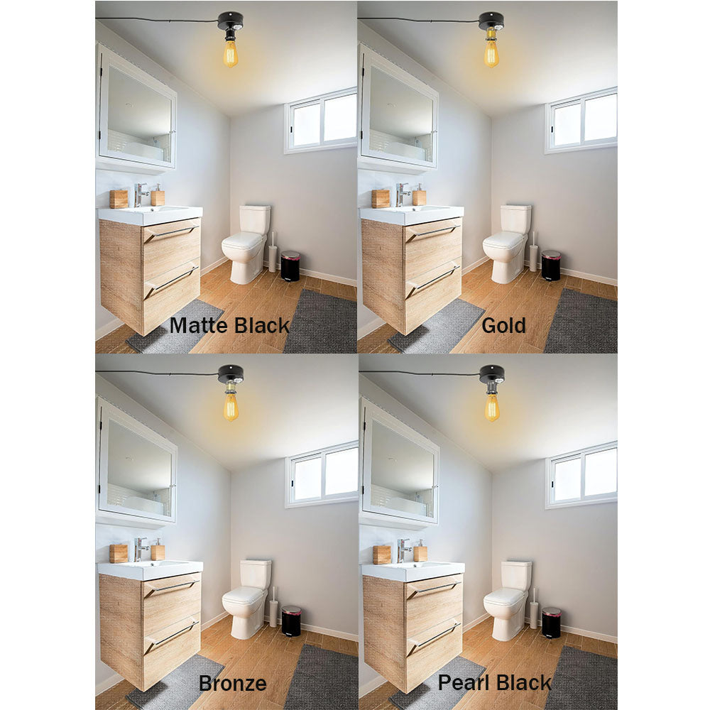 Industrial motion sensor ceiling light, available in Matte Black, Gold, Bronze, and Pearl Black, with Edison bulb.