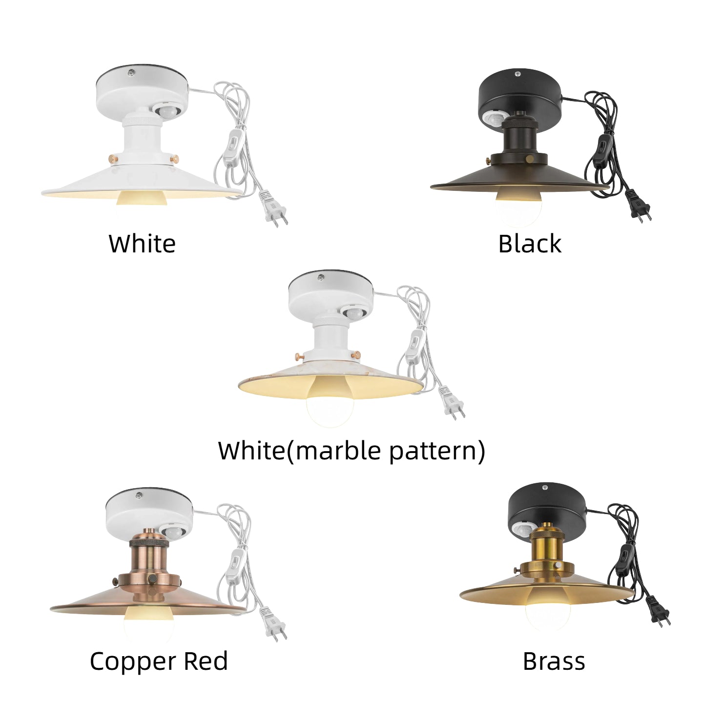 Kiven Motion Sensor Ceiling Light, various finishes: White, Black, Copper Red, Brass, plug-in, modern design