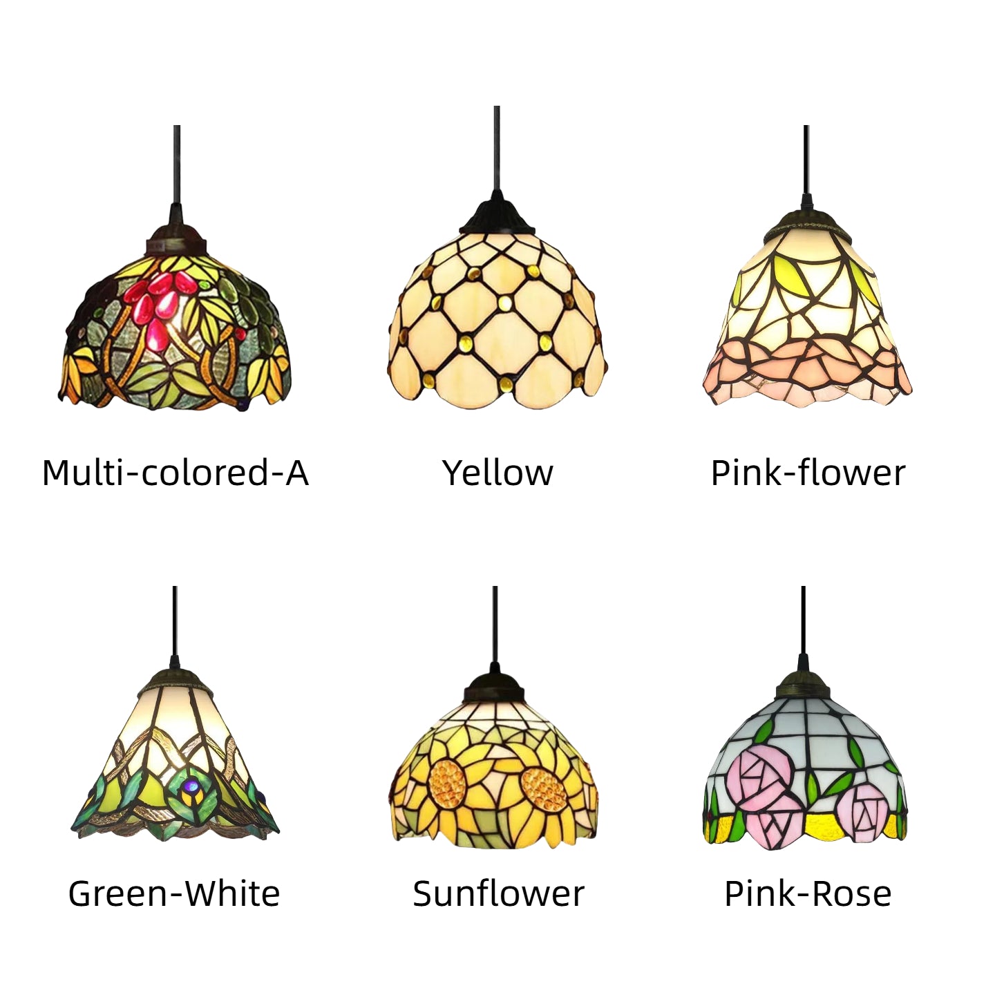 Kiven Baroque track pendant lights with stained-glass shades. Styles include Multi-colored-A, Yellow, and Pink-flower, ideal for kitchens.