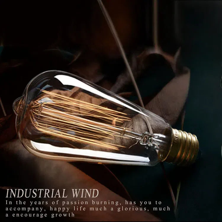 Vintage ST64 Edison bulb with amber glass and brass base; perfect for industrial lighting, text: INDUSTRIAL WIND.