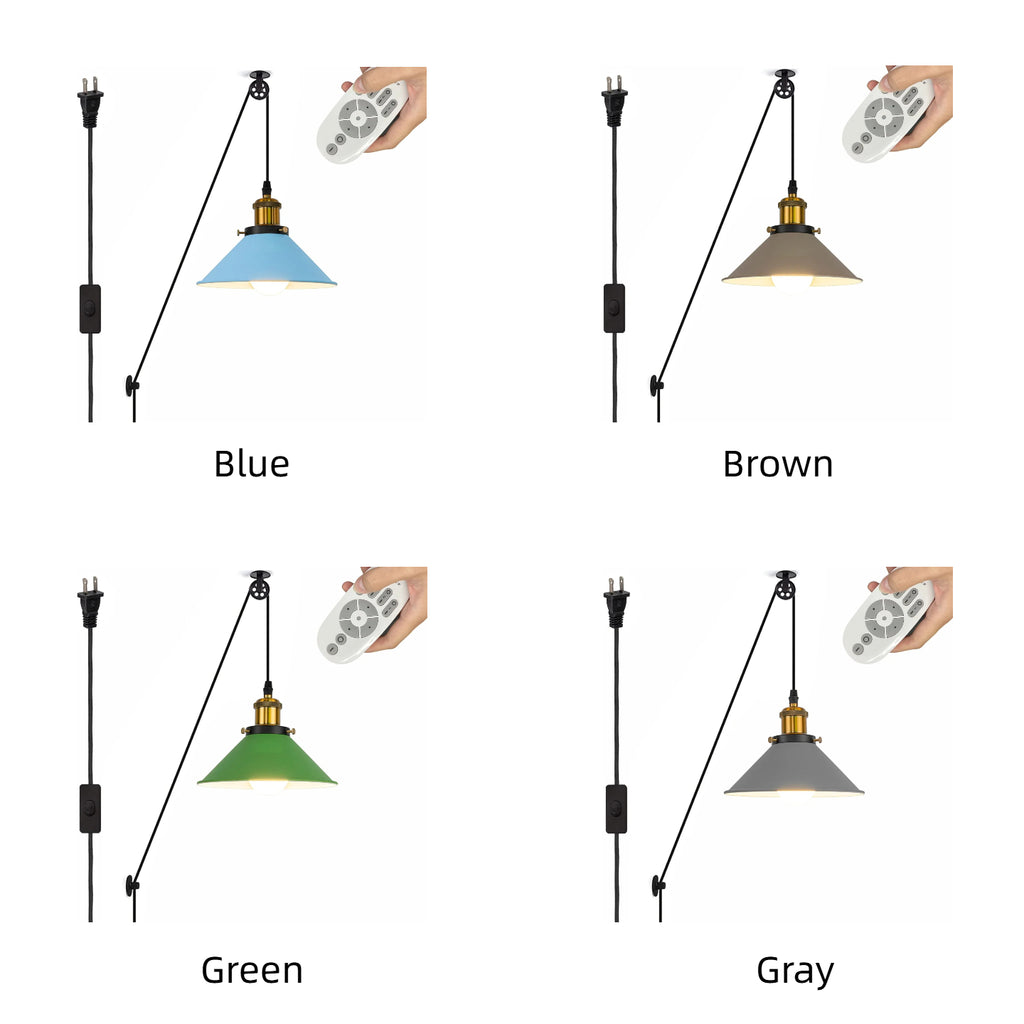 Industrial pulley pendant lamp by Kiven Lighting, featuring four colors, plug-in cord, and remote control