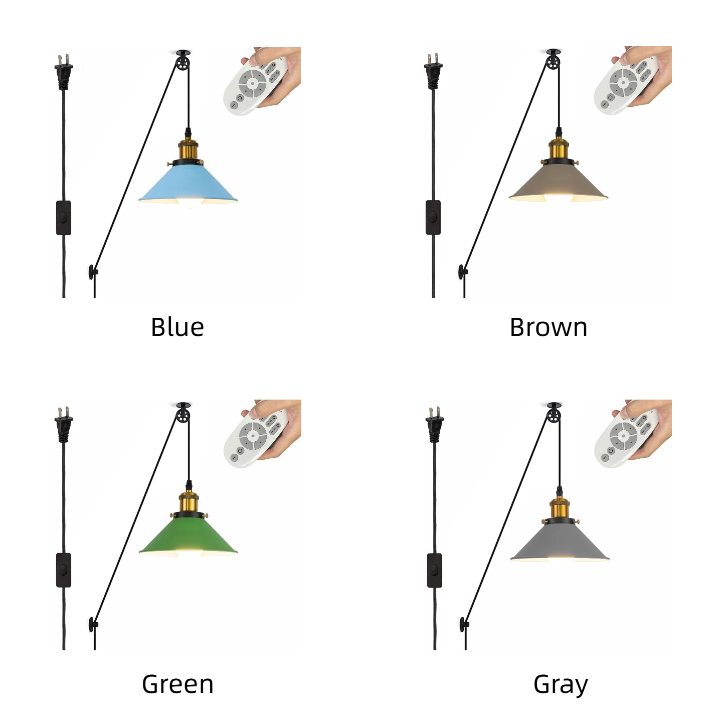 Industrial pulley pendant lamp by Kiven Lighting, featuring four colors, plug-in cord, and remote control