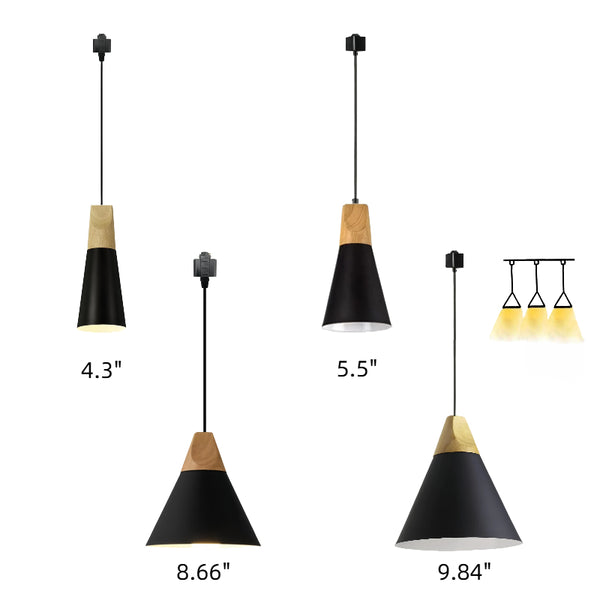 H-Type Track Pendant Light with Black Shade, Wood Accent, and Various Size Options - Modern Scandinavian Design