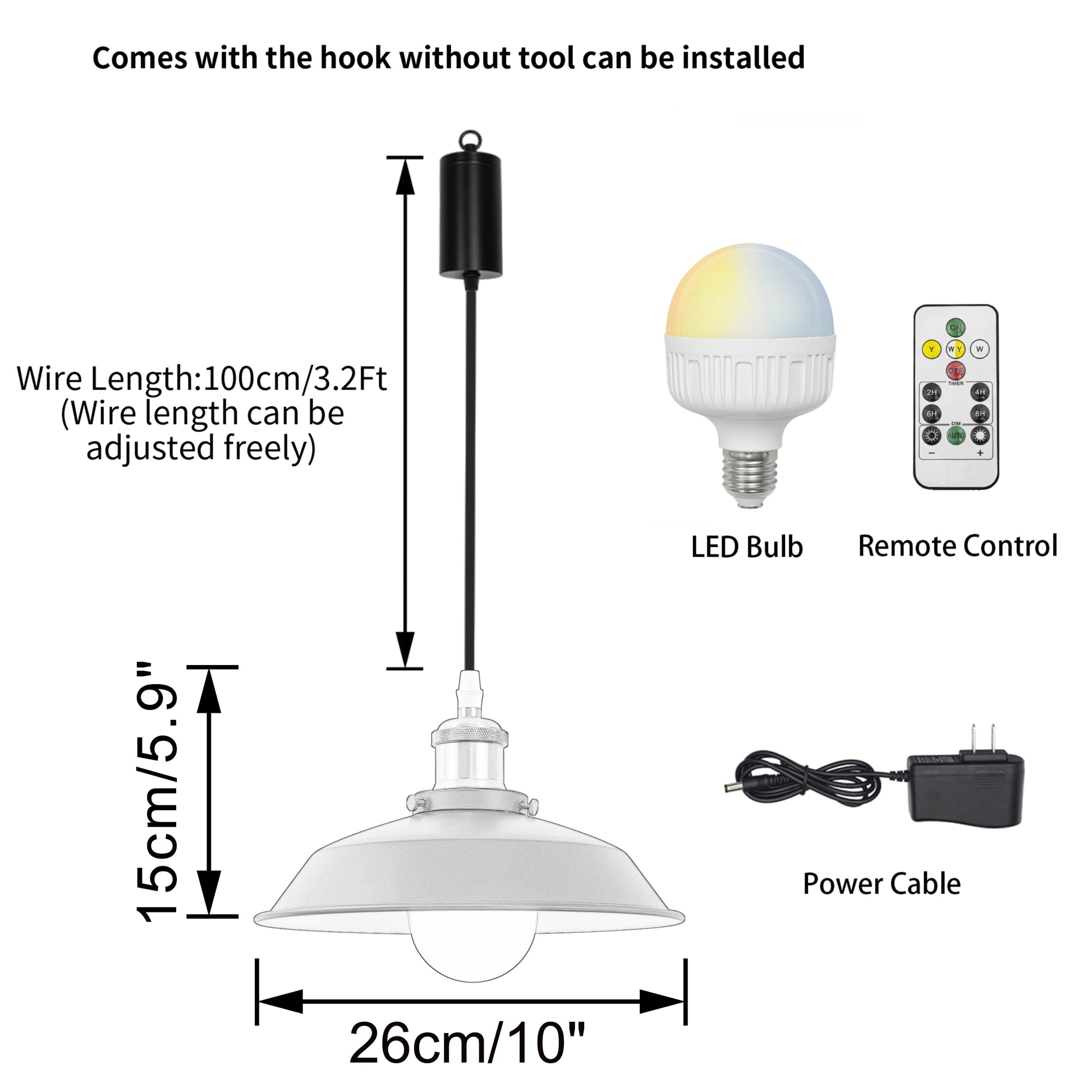 Rechargeable battery pendant light with remote, LED bulb, and adjustable cord; easy install and dimmable.