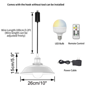 Rechargeable battery pendant light with remote, LED bulb, and adjustable cord; easy install and dimmable.