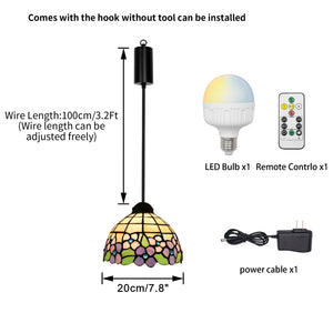 Tiffany pendant light with adjustable wire, LED bulb, remote control, and power cable, wireless install