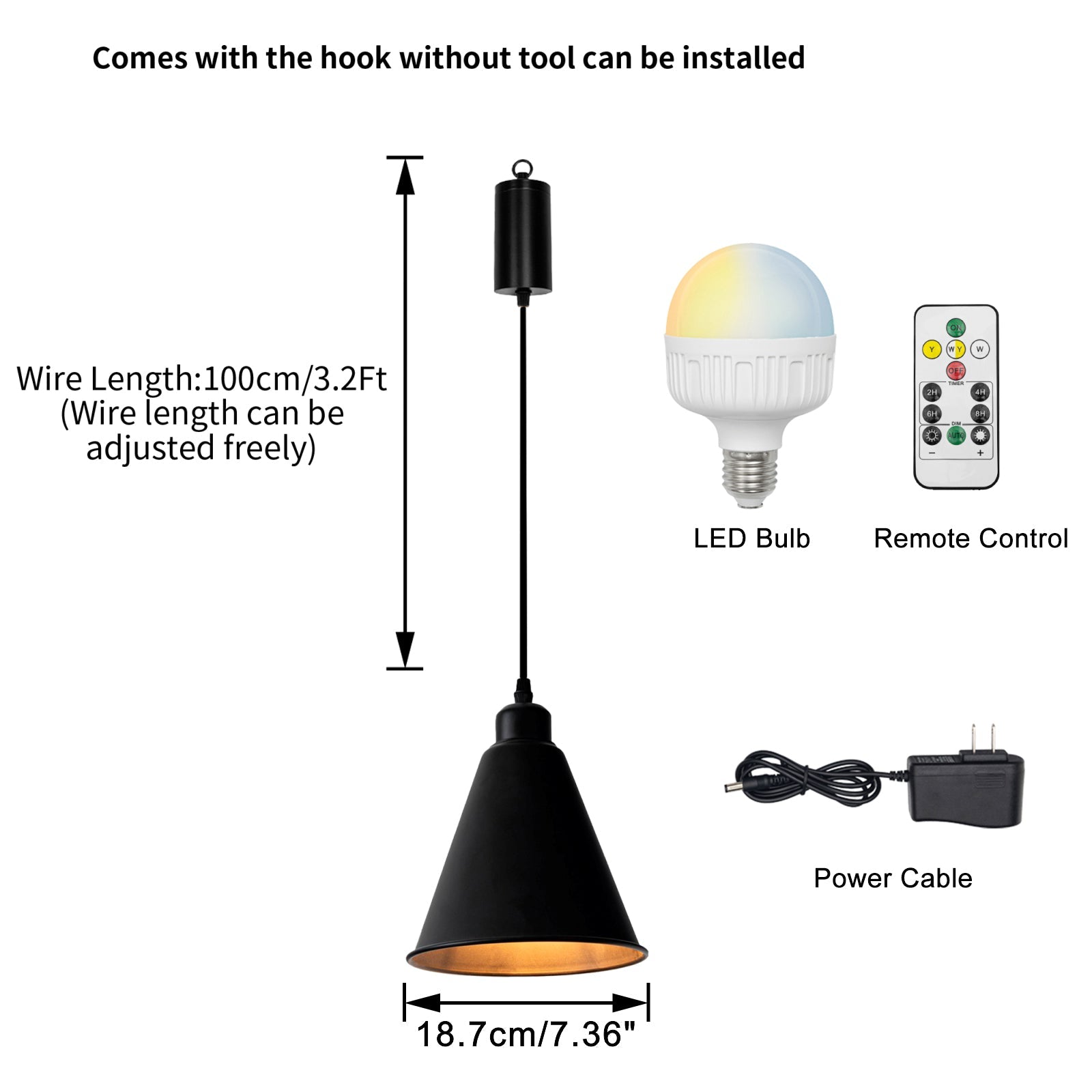 Black wireless pendant light with adjustable cord, LED bulb, and remote control, easy installation, ideal for home lighting.