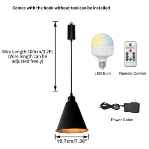 Black wireless pendant light with adjustable cord, LED bulb, and remote control, easy installation, ideal for home lighting.