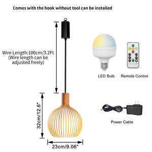 Minimalist wood pendant light with adjustable wire, LED bulb, remote control, and easy installation for stylish lighting.