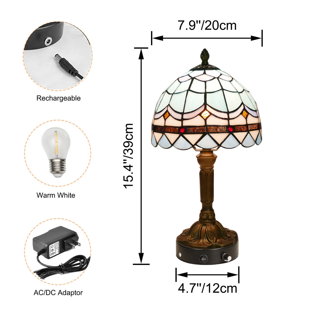 Kiven Cordless Table Lamp,1-Light Dimmable Bedside Lamps for Nightstand with Pink Glass Lampshade, Tiffany-Style Rechargeable Desk Lamp for Reading Home Decor Bedside TD0768
