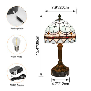 Kiven Cordless Table Lamp,1-Light Dimmable Bedside Lamps for Nightstand with Pink Glass Lampshade, Tiffany-Style Rechargeable Desk Lamp for Reading Home Decor Bedside TD0768