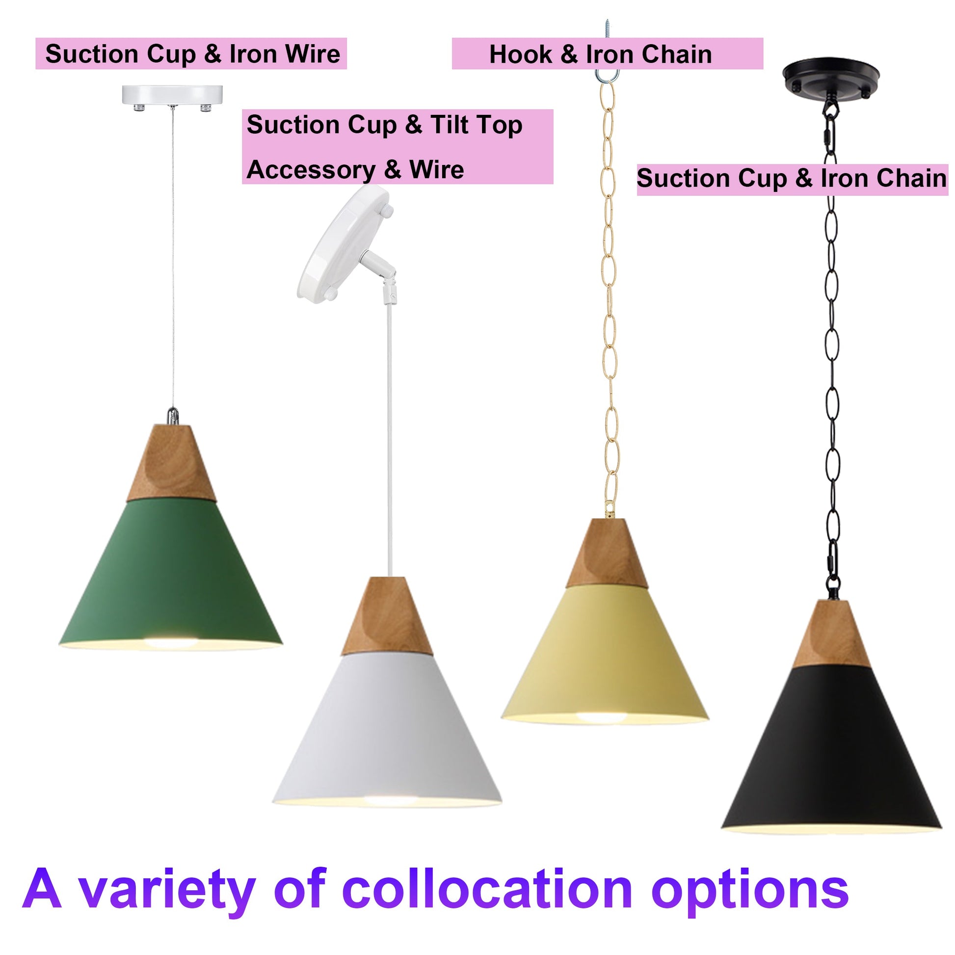 Macaron pendant lights with diverse mounting options: suction cup, hook, and tilt top accessory. Smart bulb pendant.