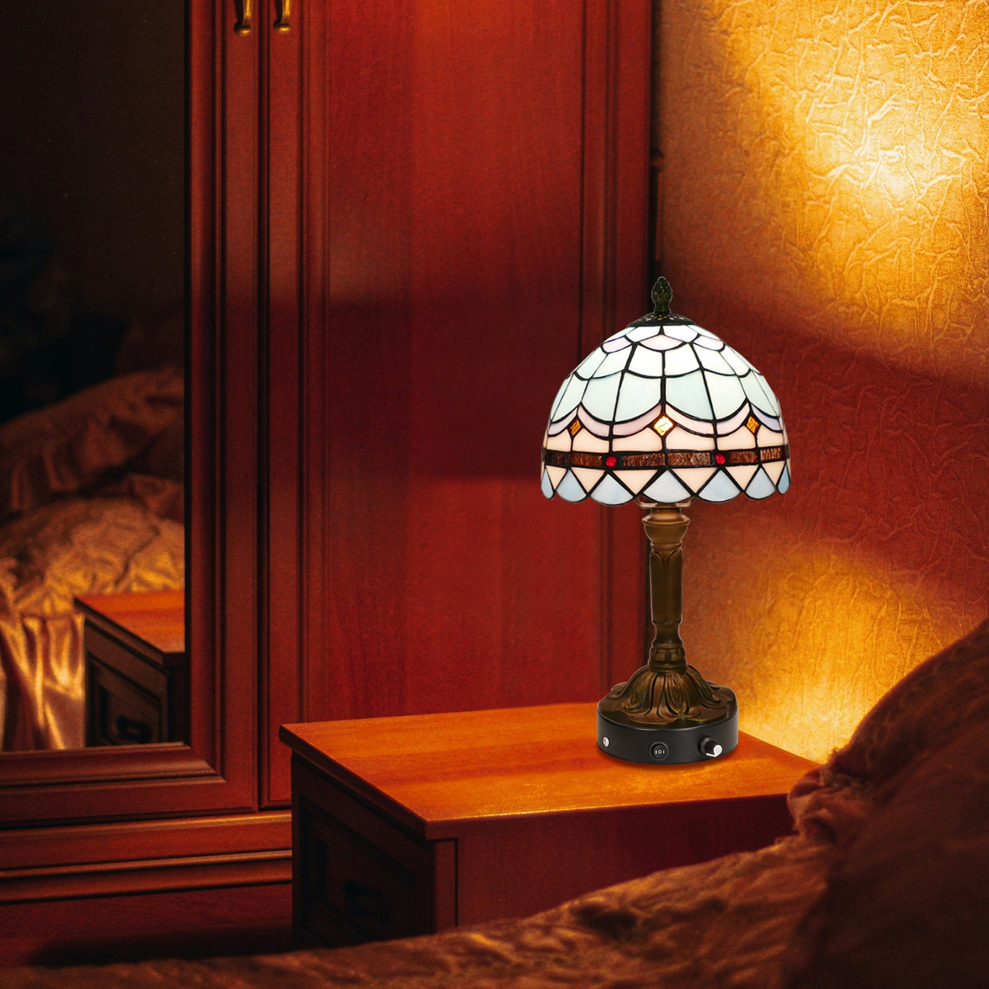 Kiven Cordless Table Lamp,1-Light Dimmable Bedside Lamps for Nightstand with Pink Glass Lampshade, Tiffany-Style Rechargeable Desk Lamp for Reading Home Decor Bedside TD0768