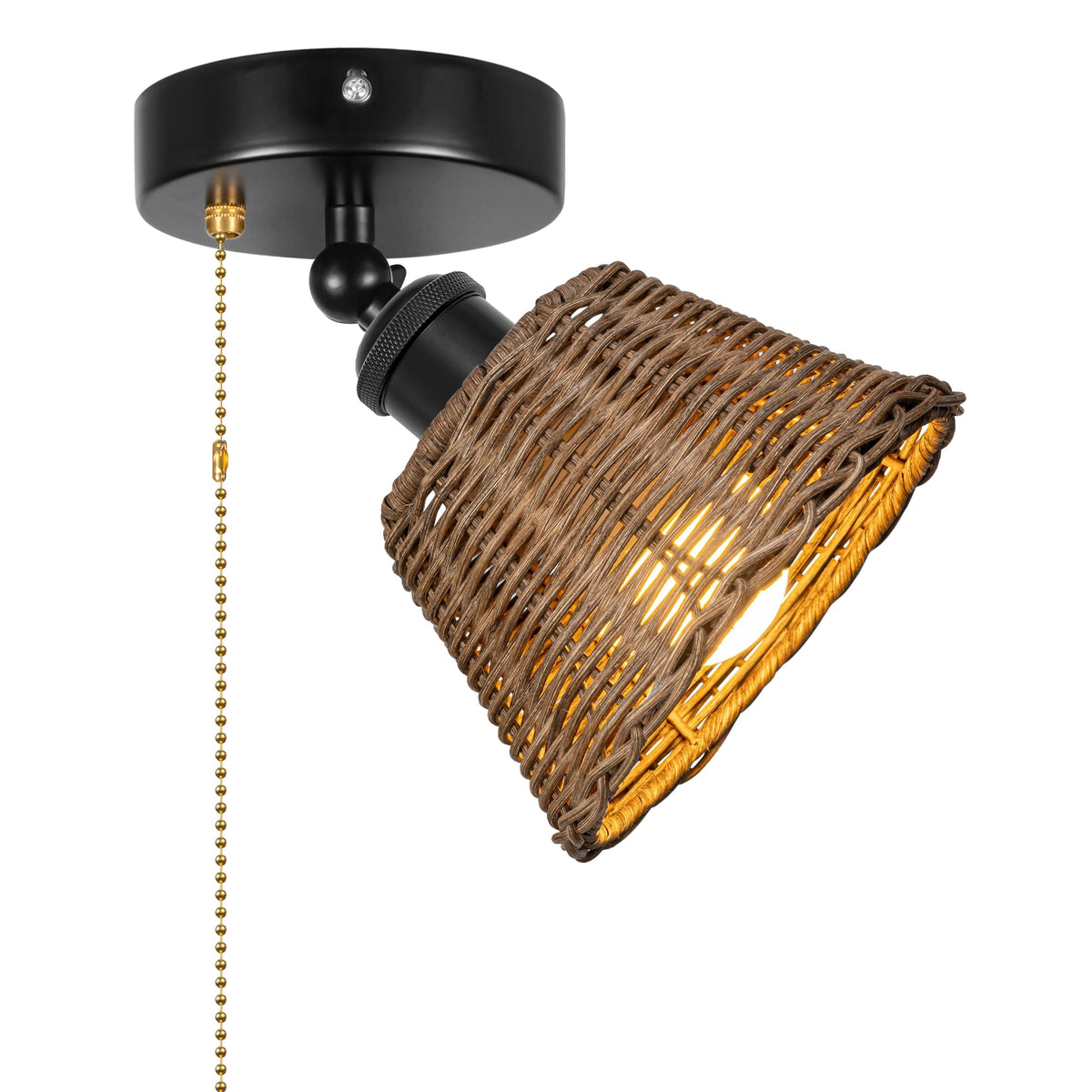 Adjustable Light, Zipper Switch 12V RV Industrial Woven Natural Boho Rattan Cover, E26 Socket Semi Flush Mount Interior Lighting Decorative for Boat Camper Hallway