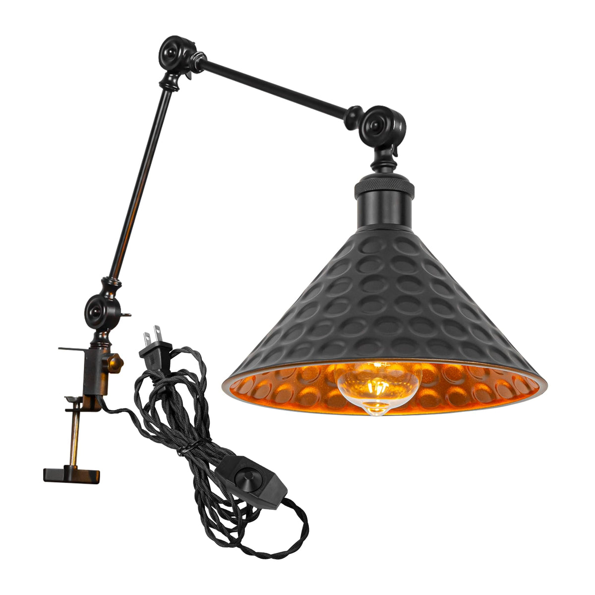 Kiven Dimmable Clip-on Desk Lamp, 1-Light Iron Modern Nightstand Lamp with Flexible Swing Arm, 8.2FT Plug in Cord, Decorative Clamp Lamp for Office Home Bookshelf Bedside