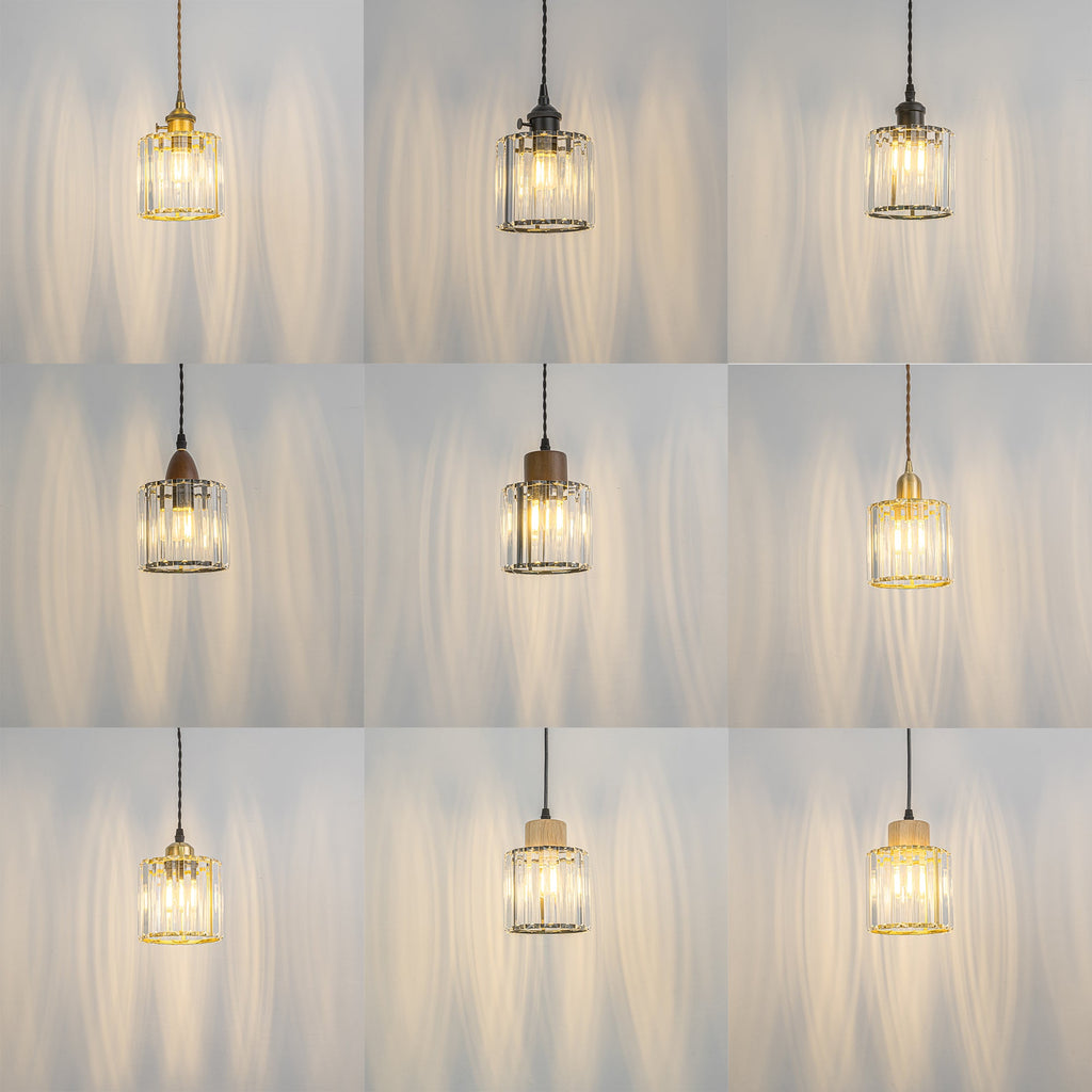 Modern crystal shade plug-in pendant lights in various metal finishes, ideal for stylish living room lighting.