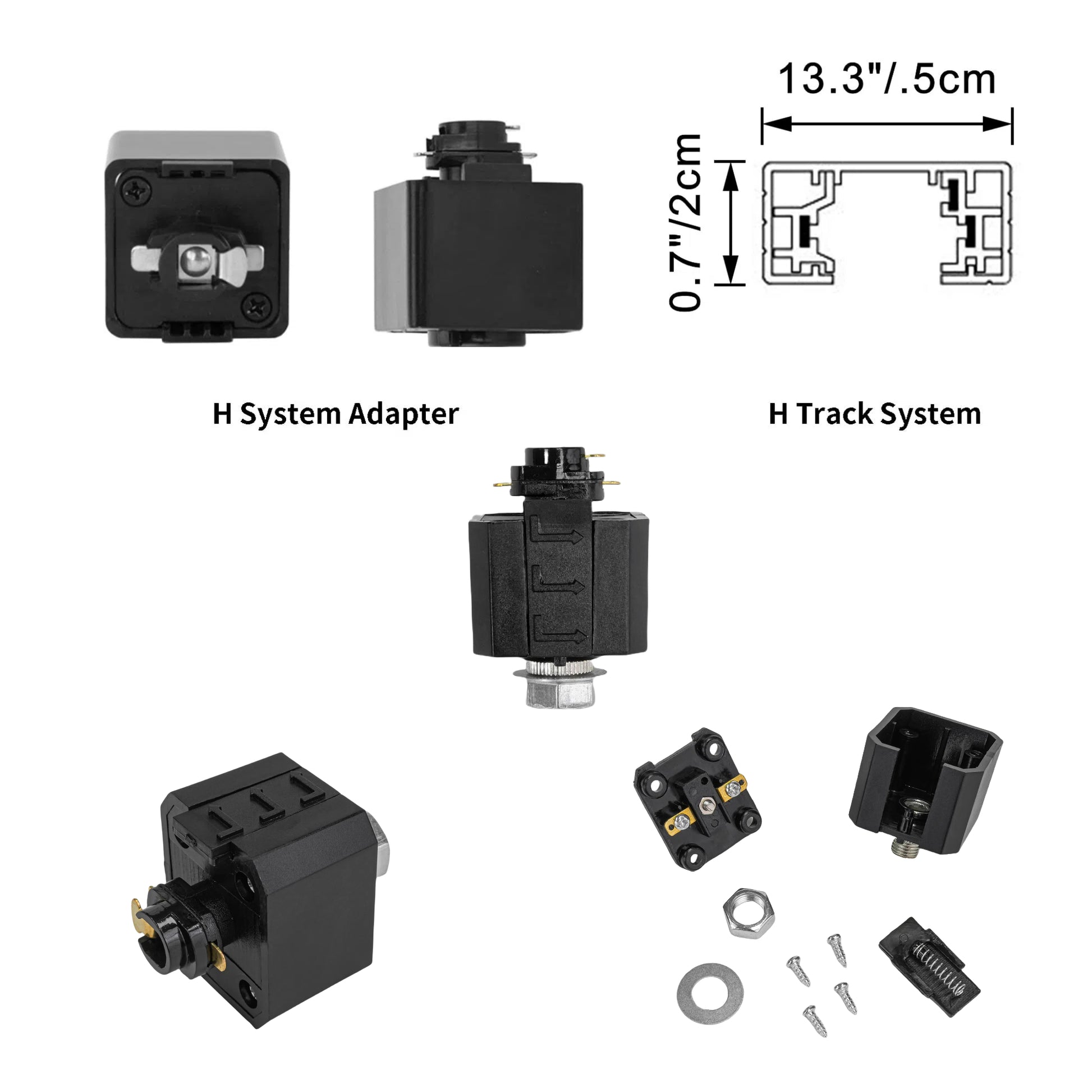 H-type track system components: adapter, connectors, track diagram. Black connectors for Kiven Lighting.