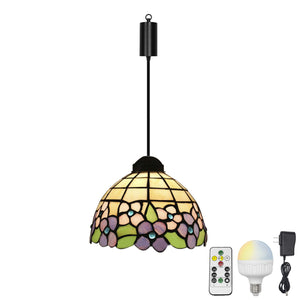 Rechargeable Battery Adjustable Cord Tiffany Pendant Light Glass Shade Smart LED Bulbs with Remote