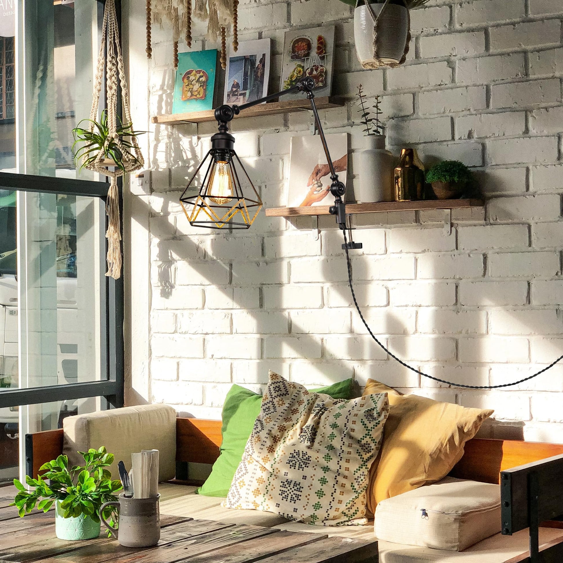 Kiven Dimmable Clip-on Desk Lamp, 1-Light Iron Industrial clip on light with Flexible Swing Arm, 8.2FT Plug in Cord, Decorative Clamp Lamp for Bookshelf Cabinet E26 Sokcet DZ0401