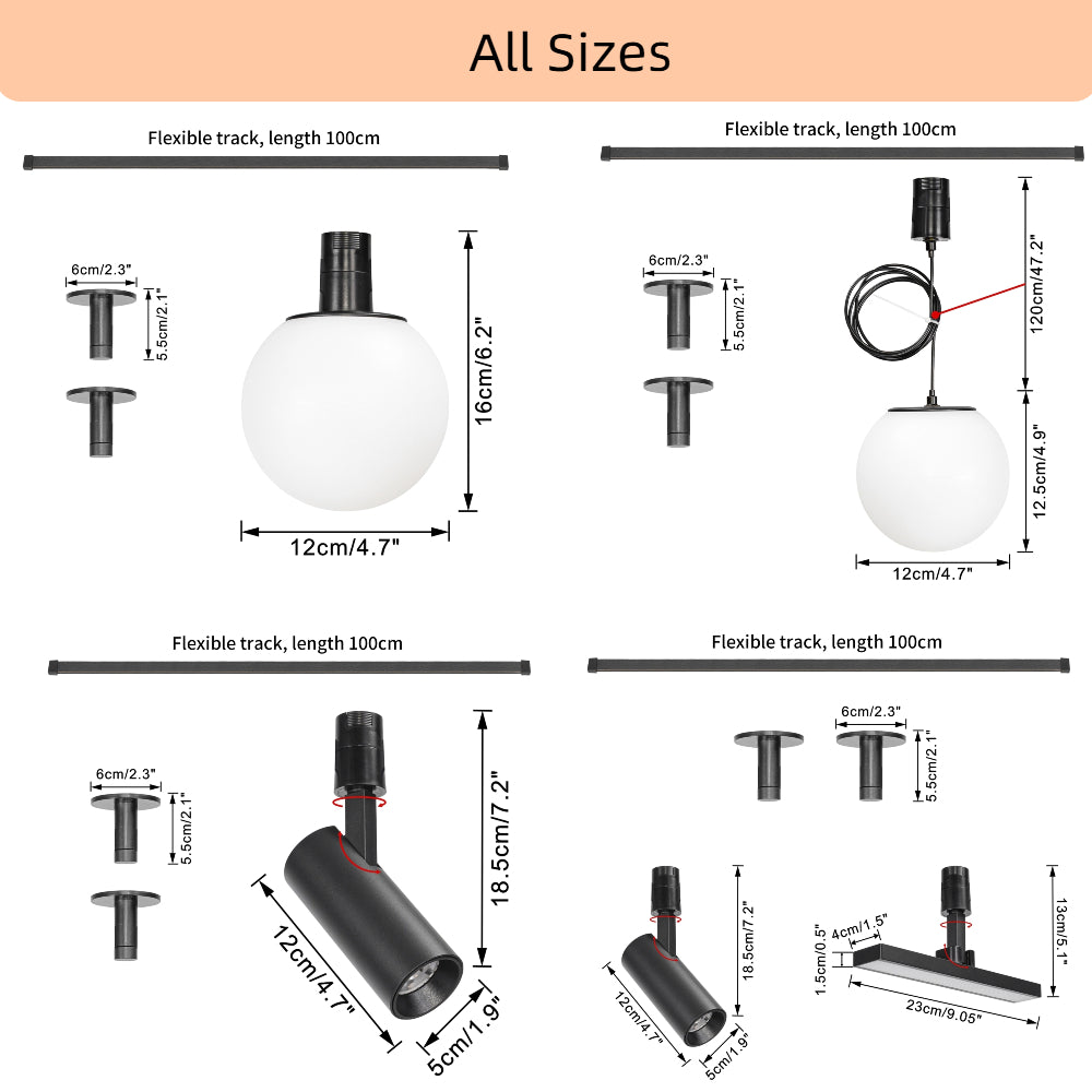 Kiven LED track light system dimensions showing spotlights, globe pendant light, and track sizes for DIY lighting projects.