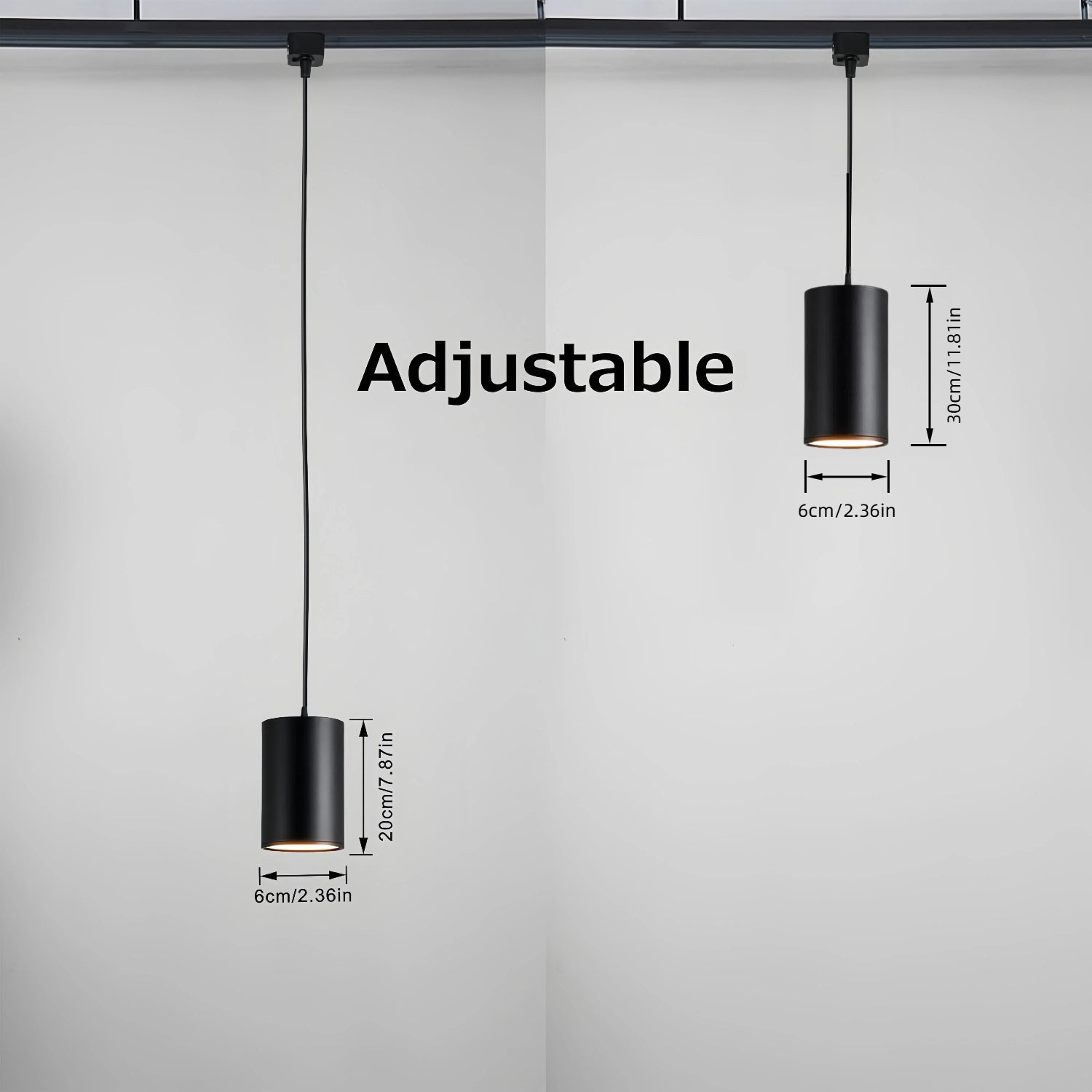Black adjustable track pendant light with dimensions, perfect for kitchen and dining room lighting. Cylindrical design.