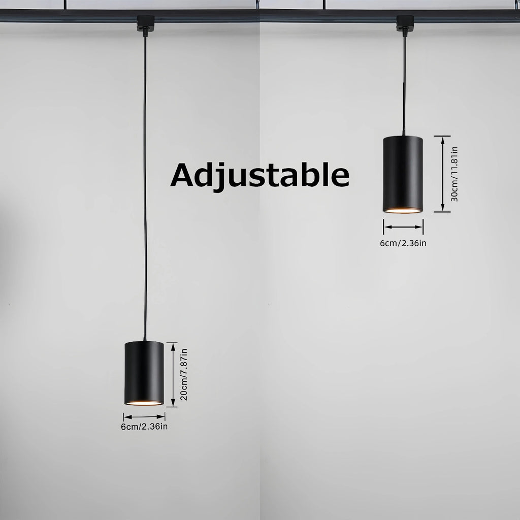 Black adjustable track pendant light with dimensions, perfect for kitchen and dining room lighting. Cylindrical design.