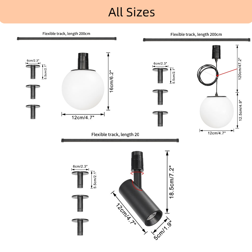 Kiven Track Lighting Dimensions: Flexible track, globe pendant, and spotlight sizes for customizable lighting.
