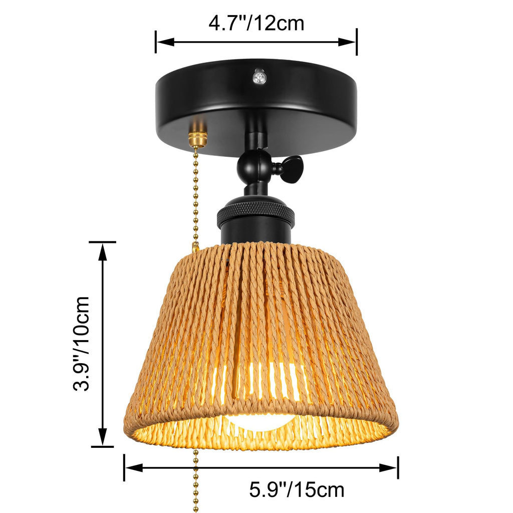 Adjustable Light, Zipper Switch 12V RV Industrial Woven Natural Boho Rattan Cover, E26 Socket Semi Flush Mount Interior Lighting Decorative for Boat Camper Hallway