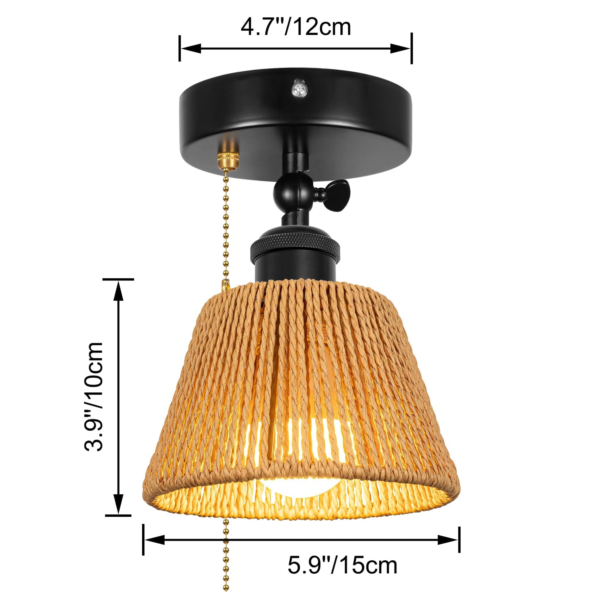 Adjustable Light, Zipper Switch 12V RV Industrial Woven Natural Boho Rattan Cover, E26 Socket Semi Flush Mount Interior Lighting Decorative for Boat Camper Hallway