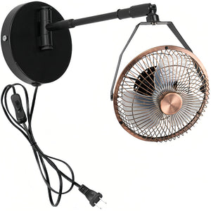 Industrial black wall mount fan with adjustable plug-in swing arm and vintage copper cage