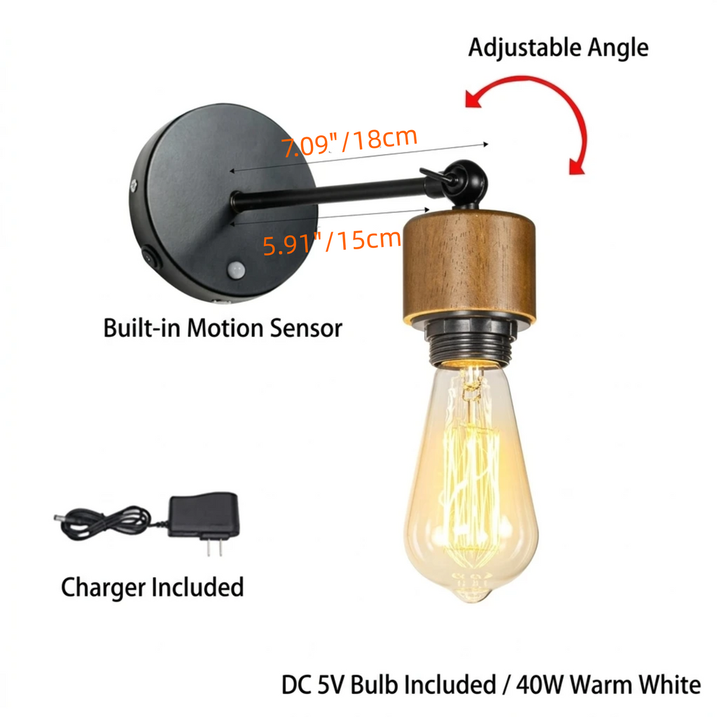 Modern Industrial Motion Sensor Wall Sconce - Rechargeable Battery Operated Wall Light with Edison Bulb