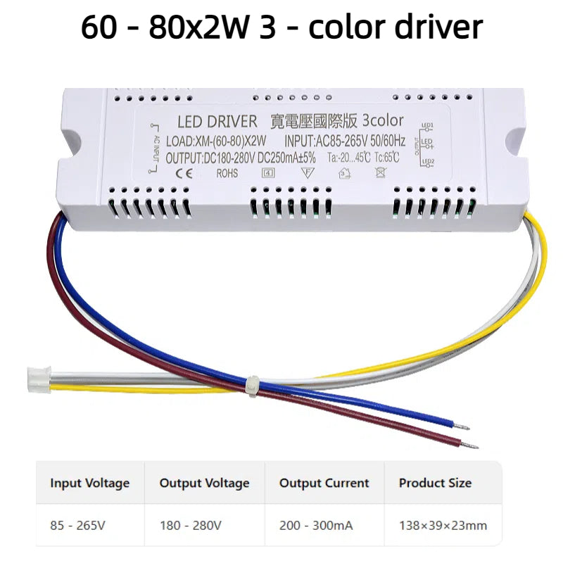 Kiven 110V Full Spectrum LED Driver - 3-Color Dimmable, 8-24-36-40-50-60-80Wx2W Full Power Power Supply